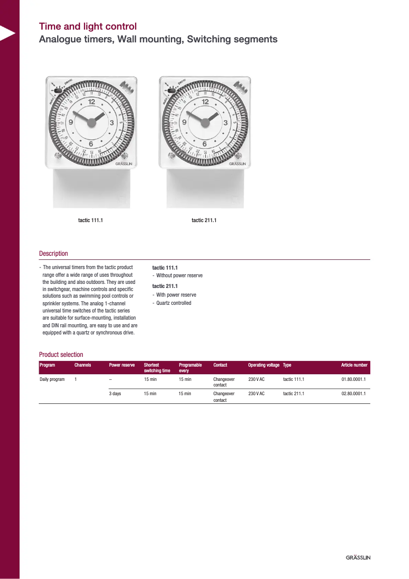 Page 1 de la notice Fiche technique Grässlin Tactic 211.1
