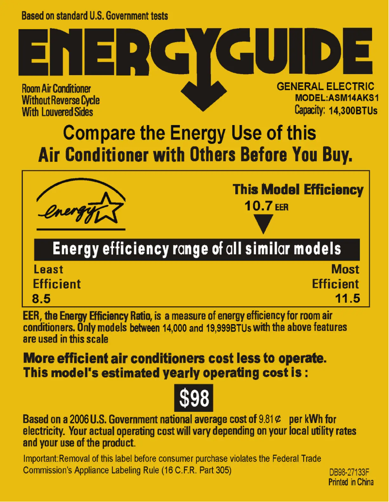 Página 1 del manual Etiqueta energética GE ASM14AK