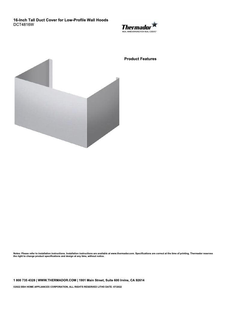 Page 1 de la notice Fiche technique Thermador DCT4816W