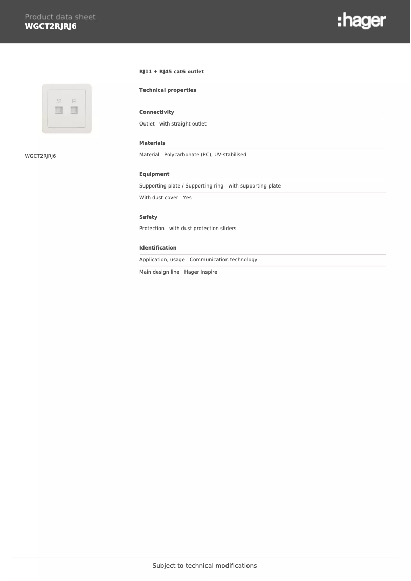 Page 1 de la notice Fiche technique Hager WGCT2RJRJ6