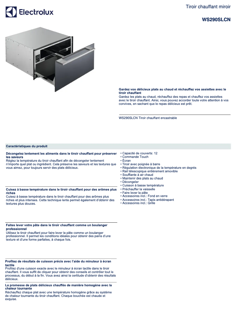 Page 1 de la notice Fiche technique Electrolux WS290SLCN