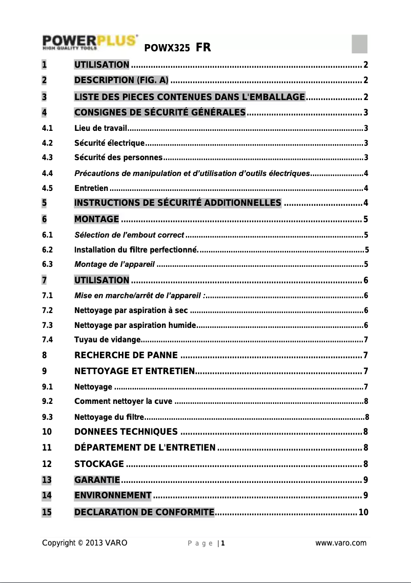 Page 1 de la notice Manuel utilisateur PowerPlus POWX325