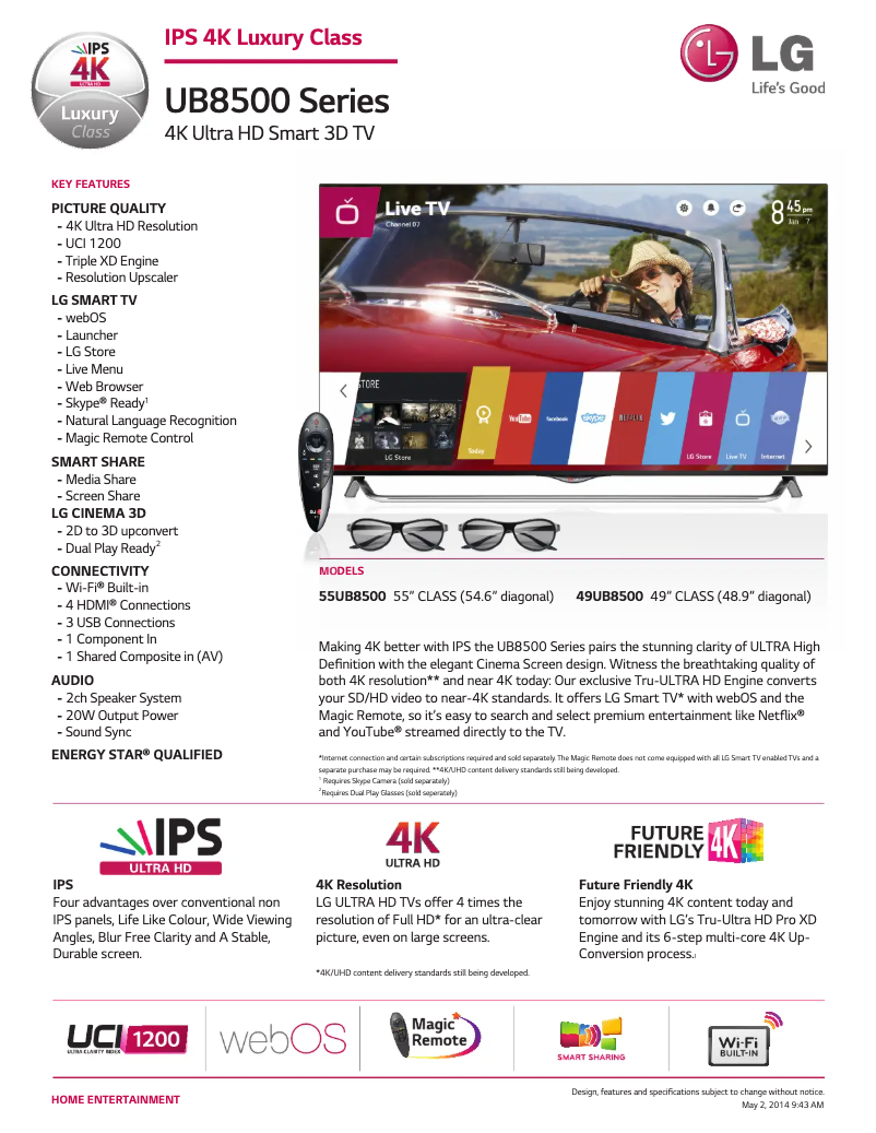 Page 1 de la notice Fiche technique LG 49UB8500