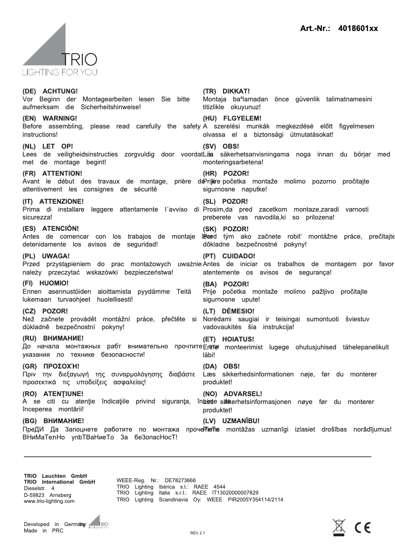 Page 1 de la notice Manuel utilisateur Trio Lighting Garonne 401860186