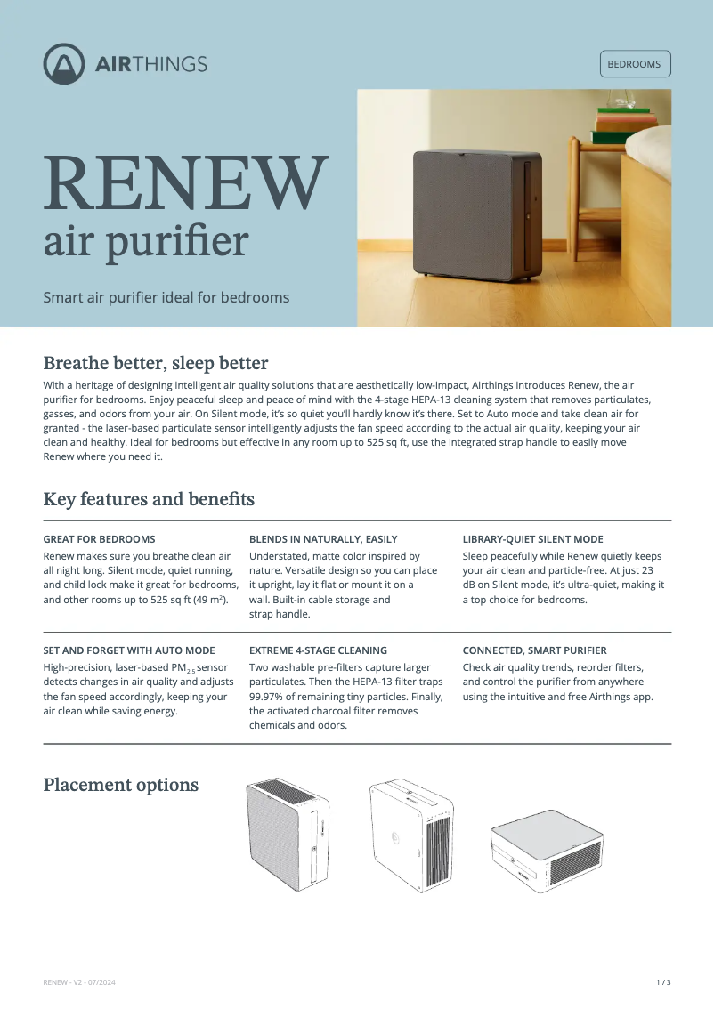 Page 1 de la notice Fiche technique Airthings Renew Duo