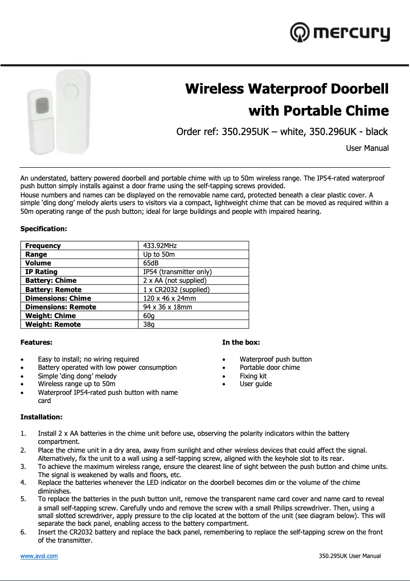 Page 1 of the manual User Manual Mercury DB295