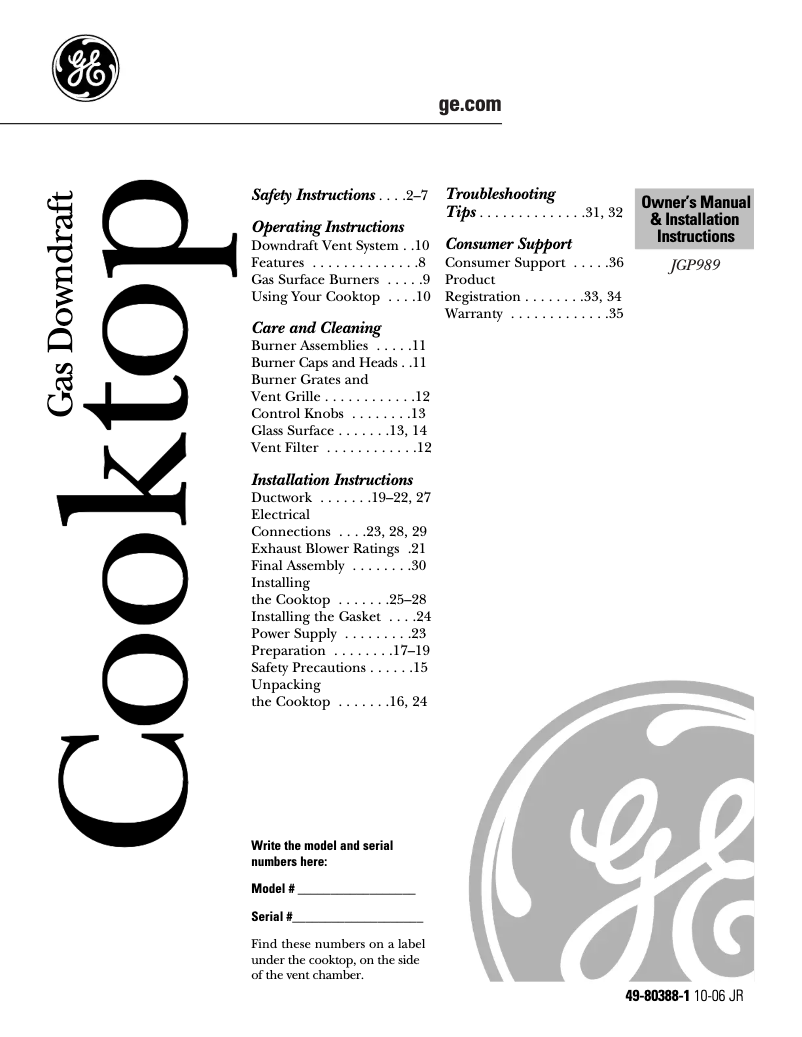 Página 1 del manual Guía de instalación GE Profile JGP989KKCC