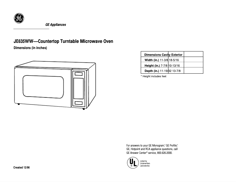 Page 1 of the manual Technical Sheet GE JE635WW
