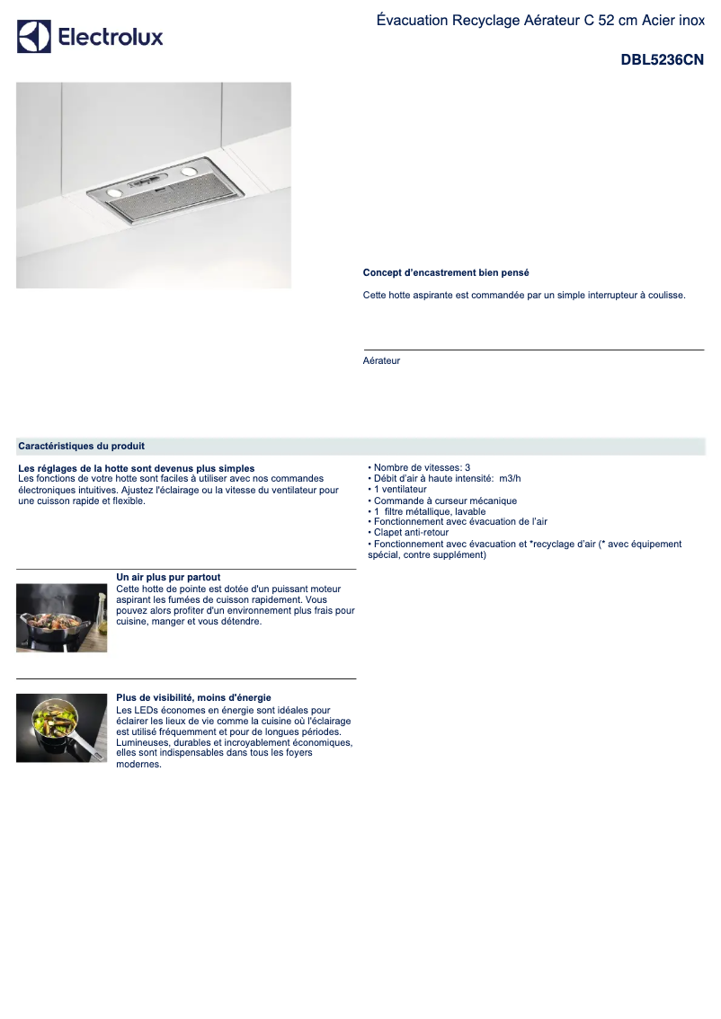Page 1 de la notice Fiche technique Electrolux DBL5236CN