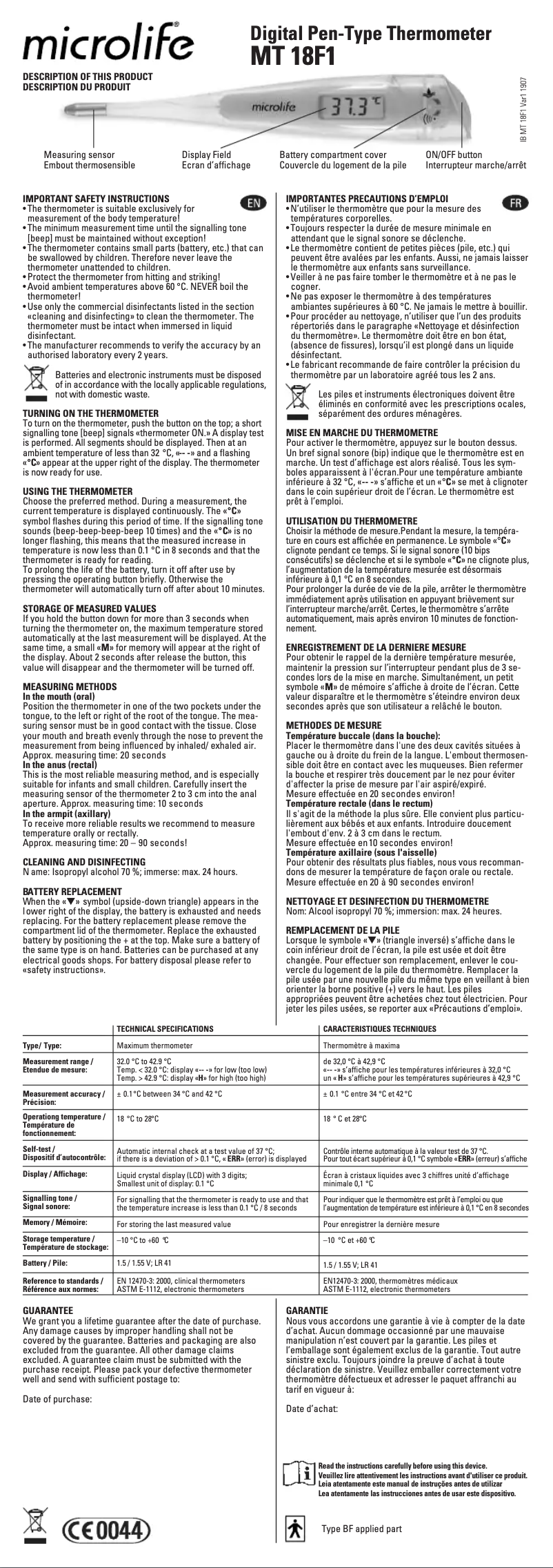 Page 1 de la notice Manuel utilisateur Microlife MT 18F1