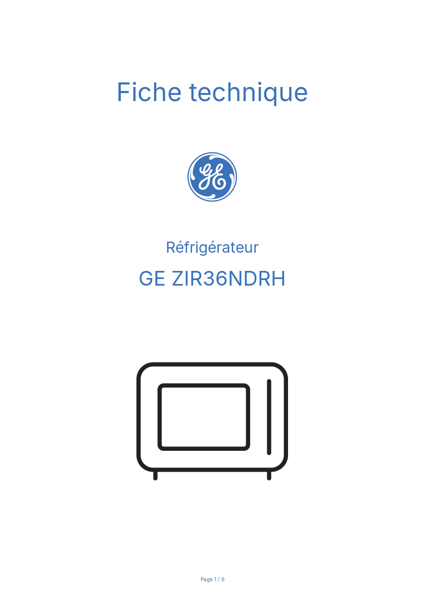 Page 1 de la notice Fiche technique GE ZIR36NDRH