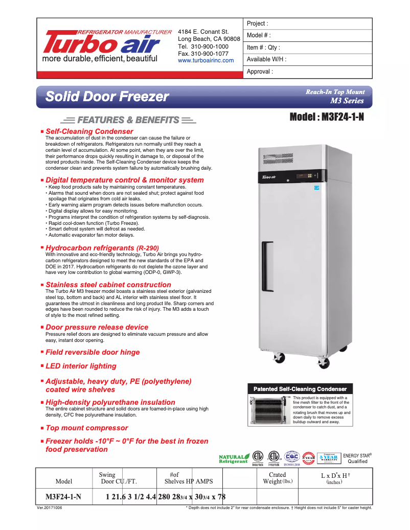 Página 1 del manual Ficha técnica Turbo air M3F24-1