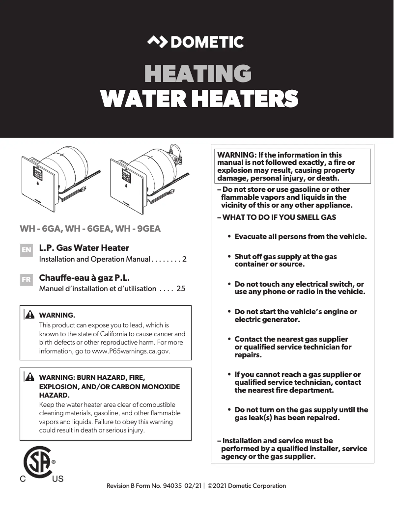 Page 1 de la notice Guide d'installation Dometic WH-9GEA XT