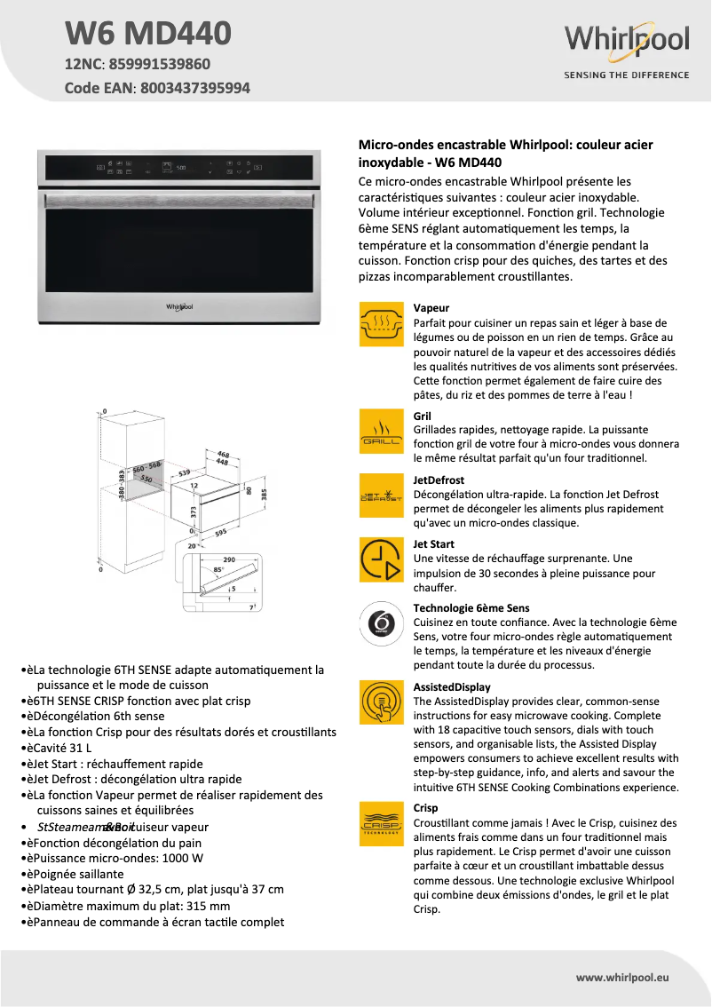 Página 1 del manual Ficha técnica Whirlpool W6 MD440