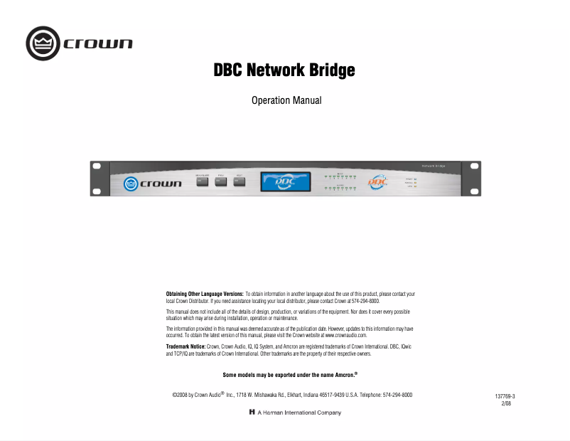 Page 1 de la notice Manuel utilisateur Crown DBC Network Bridge