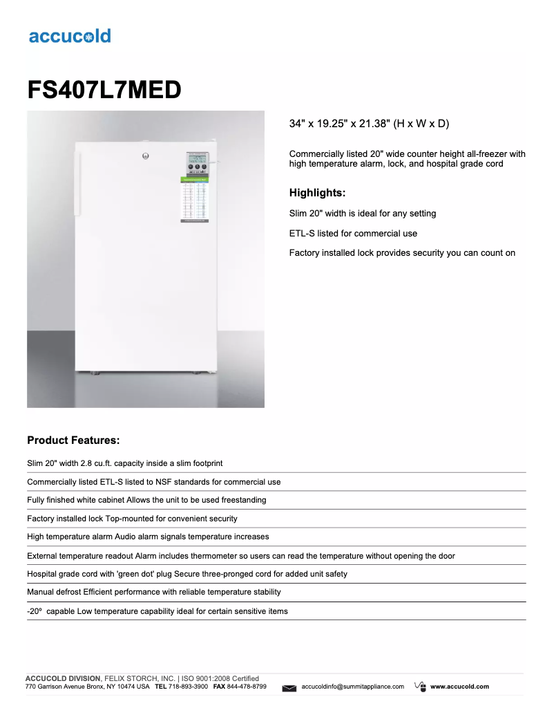 Página 1 del manual Ficha técnica Summit Accucold FS407L7MED