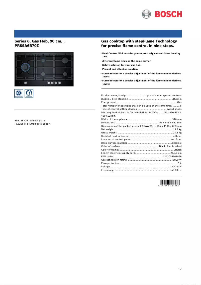 Page 1 de la notice Fiche technique Bosch PRS9A6B70Z