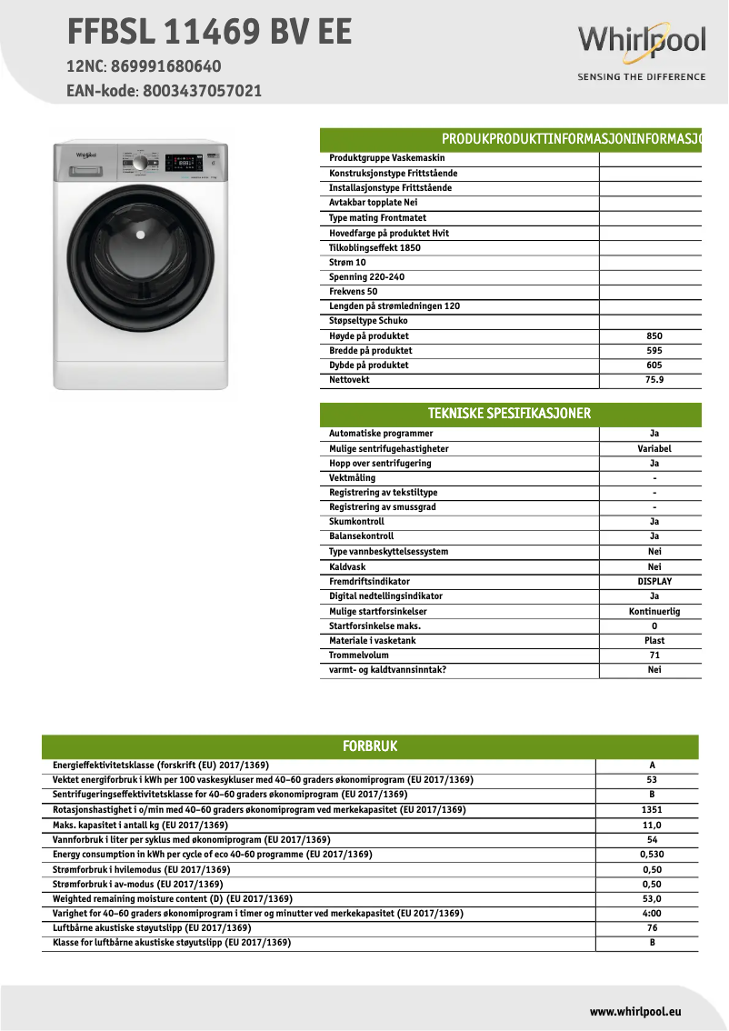 Página 1 del manual Ficha técnica Whirlpool FFBSL 11469 BV