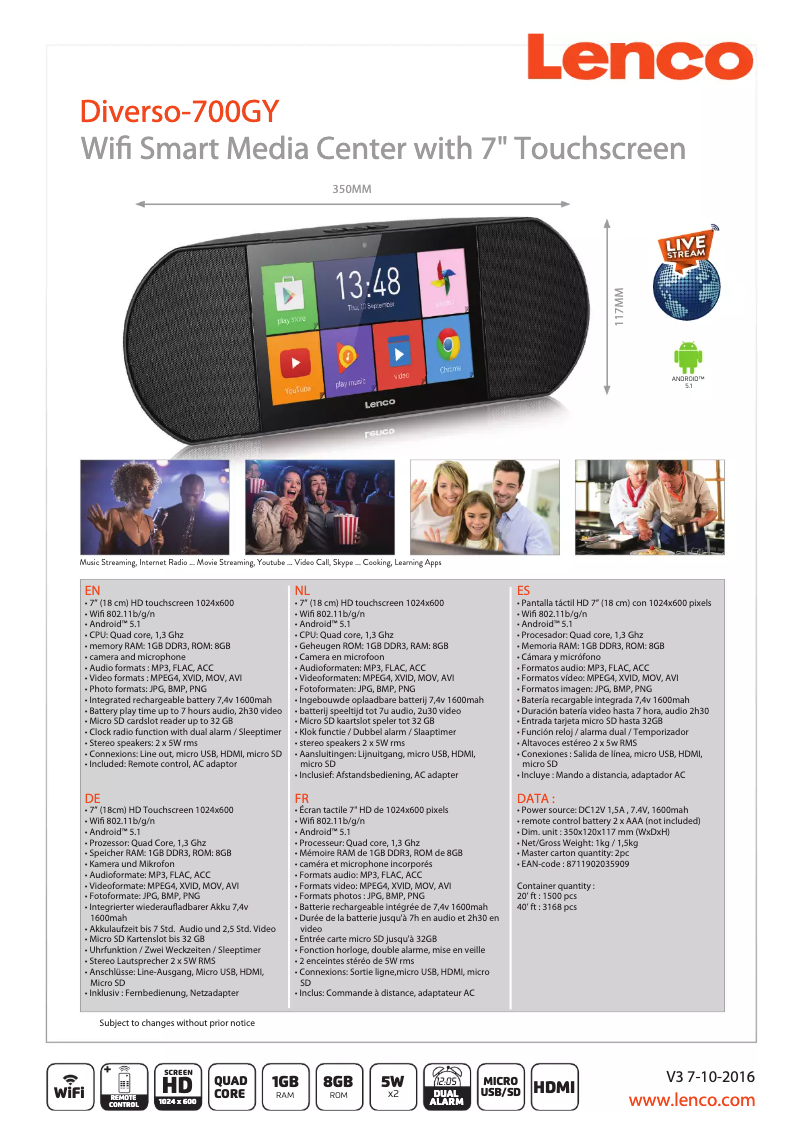 Page 1 de la notice Fiche technique Lenco Diverso-700GY