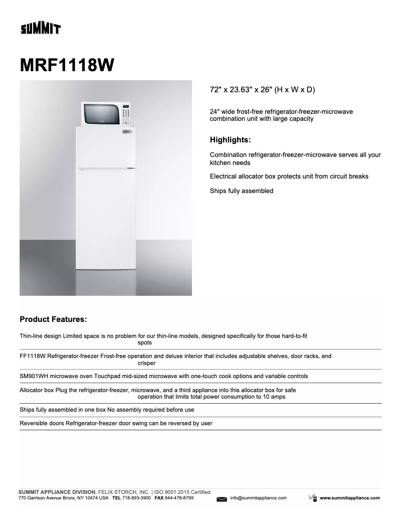Page 1 de la notice Fiche technique Summit MRF1118W