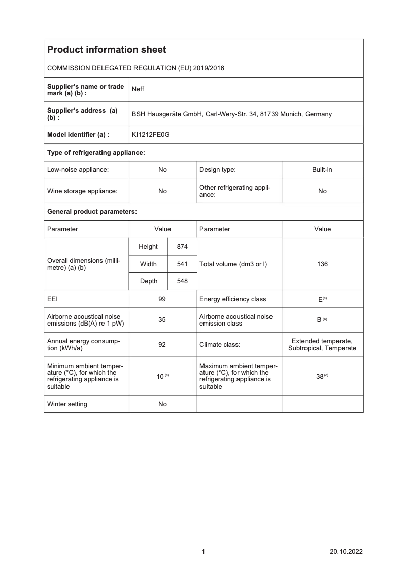 Page 1 of the manual Technical Sheet Neff KI1212FE0G
