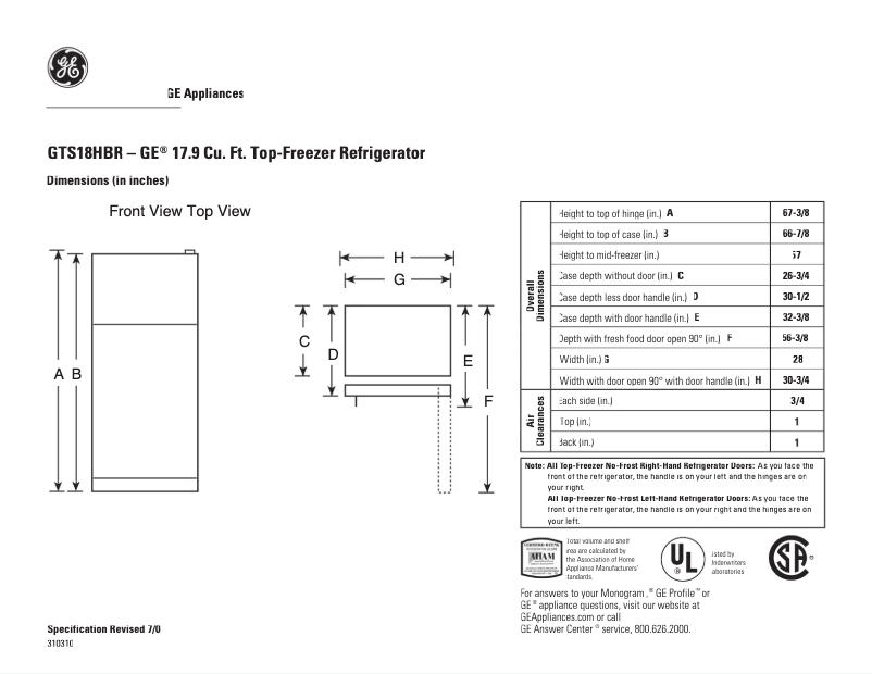 Página 1 del manual Ficha técnica GE GTS18HBRCC