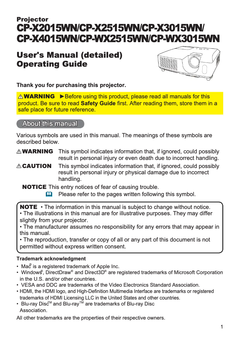 Page 1 de la notice Manuel utilisateur Hitachi CP-X2015WN