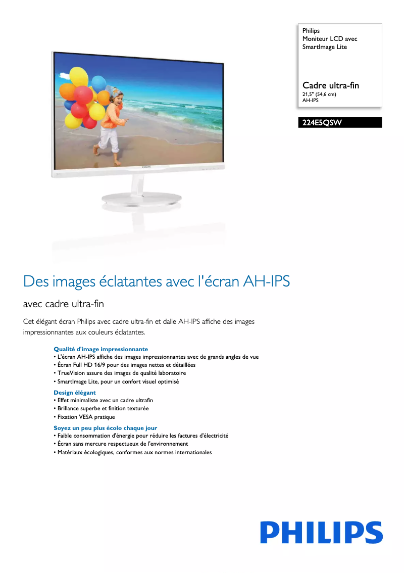 Página 1 del manual Ficha técnica Philips 224E5QSW