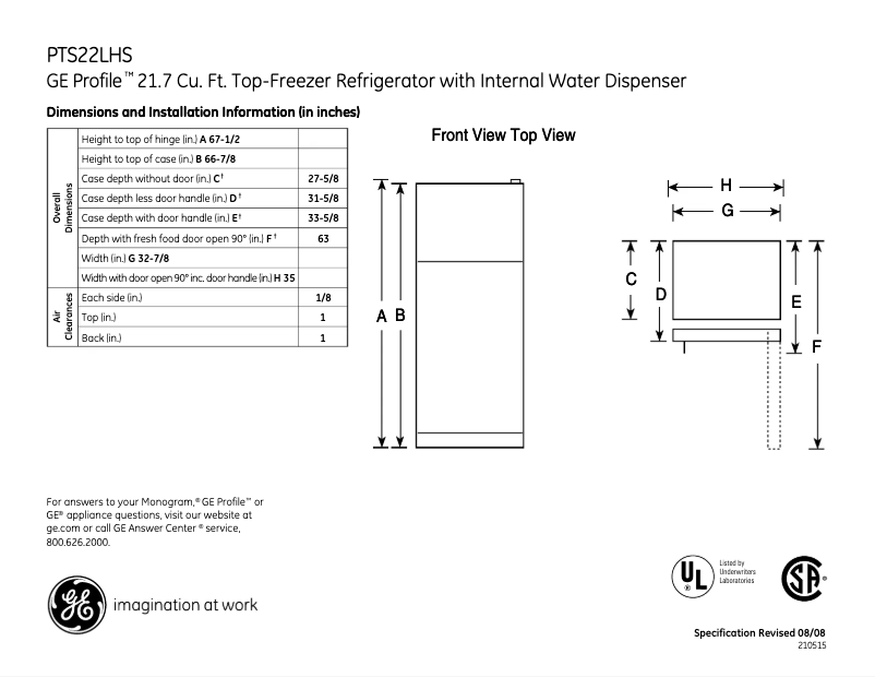Page 1 of the manual Technical Sheet GE PTS22LHSWW