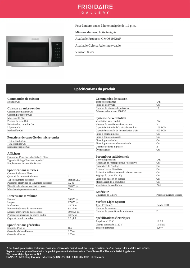 Page 1 de la notice Fiche technique Frigidaire GMOS1962AF