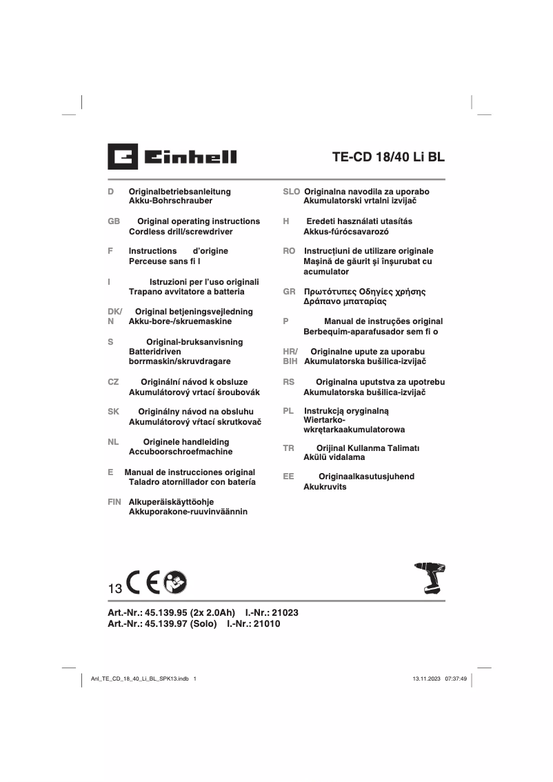 Page 1 de la notice Manuel utilisateur Einhell TE-CD 18/40 Li BL