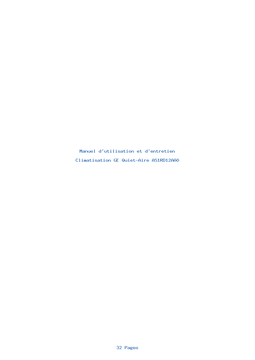 Page 1 de la notice Manuel d'utilisation et d'entretien GE Quiet-Aire AS1RD12AA0