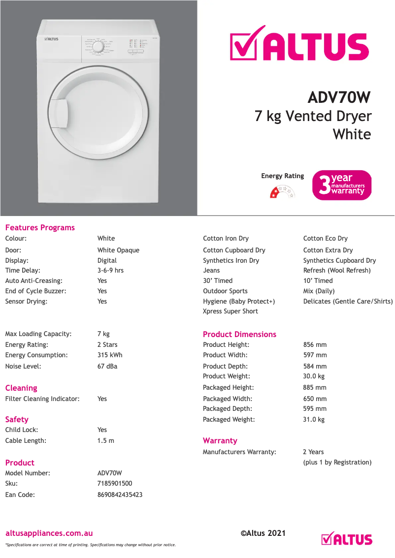 Page 1 de la notice Fiche technique Altus ADV70W