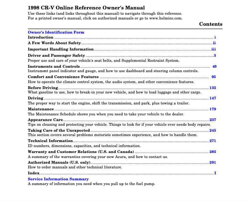 Page 1 de la notice Manuel utilisateur Honda CR-V (1998)