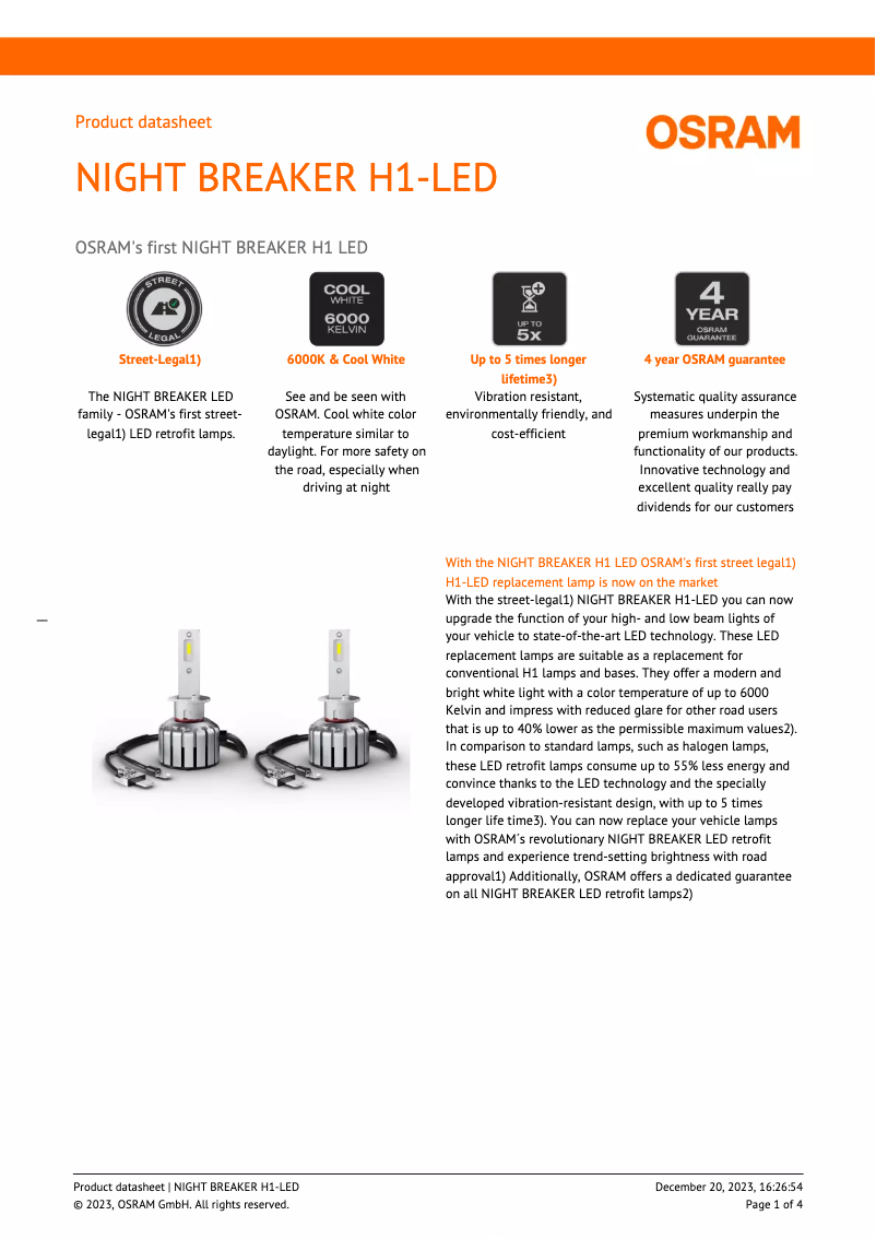 Page 1 of the manual Technical Sheet Osram NIGHT BREAKER H1-LED