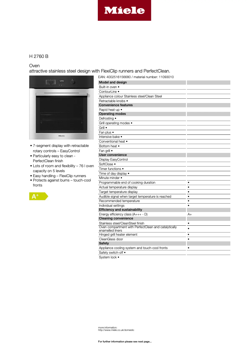 Página 1 del manual Ficha técnica Miele H 2760 B