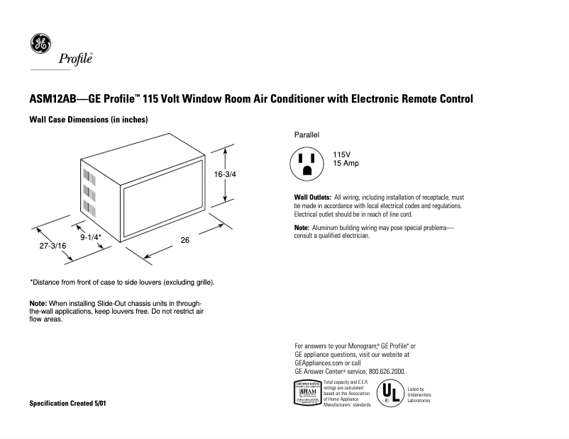 Página 1 del manual Ficha técnica GE Profile ASM12AB