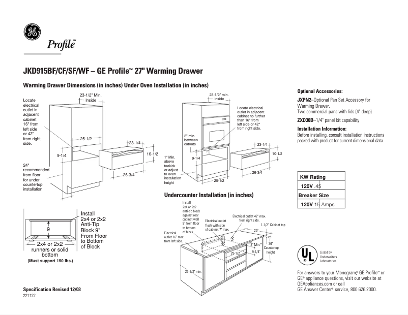 Página 1 del manual Ficha técnica GE Profile JKD915SFSS