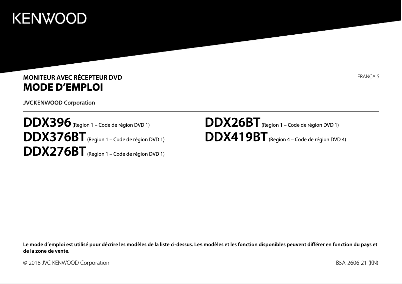 Page 1 de la notice Manuel utilisateur Kenwood DDX376BT