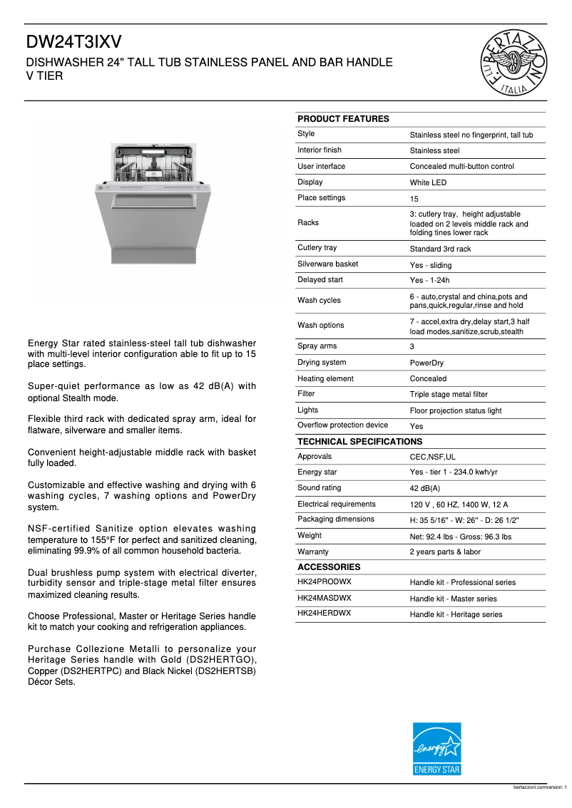 Page 1 de la notice Fiche technique Bertazzoni DW24T3IXV
