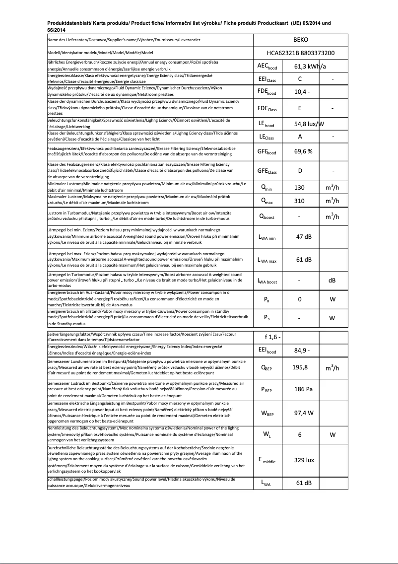 Page 1 de la notice Fiche technique Beko HCA62321B