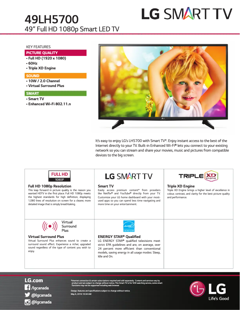 Page 1 de la notice Fiche technique LG 49LH5700