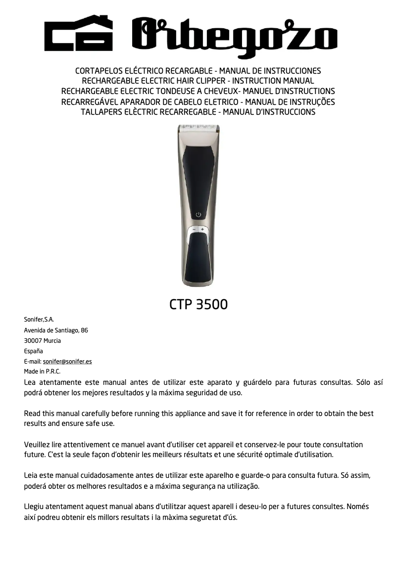 Page 1 de la notice Manuel utilisateur Orbegozo CTP 3500