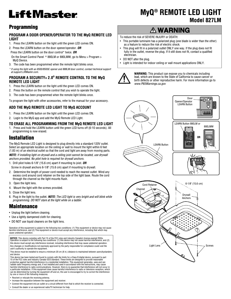 Page 1 de la notice Manuel utilisateur LiftMaster MyQ 827LM