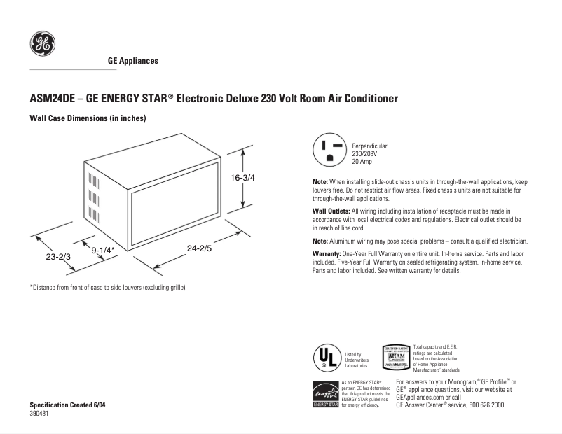 Page n°1 - Fiche technique GE ASM24DE