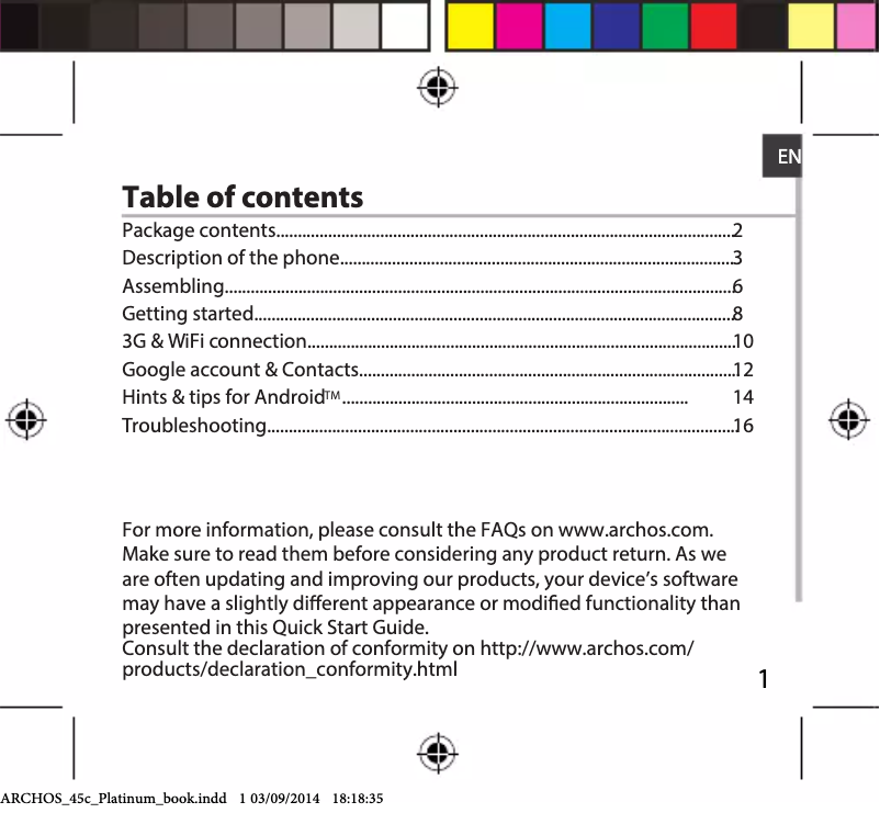 Page 1 of the manual User Manual Archos 45c Platinum