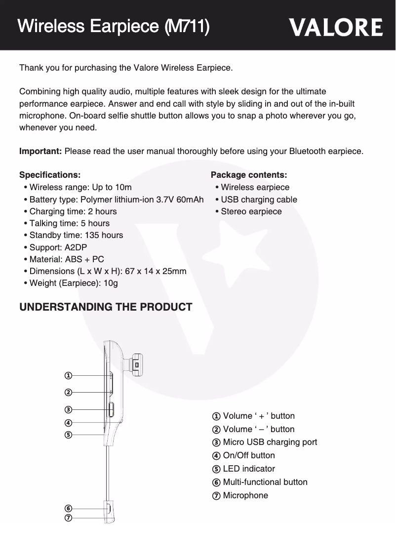 Page 1 de la notice Manuel utilisateur Valore M711