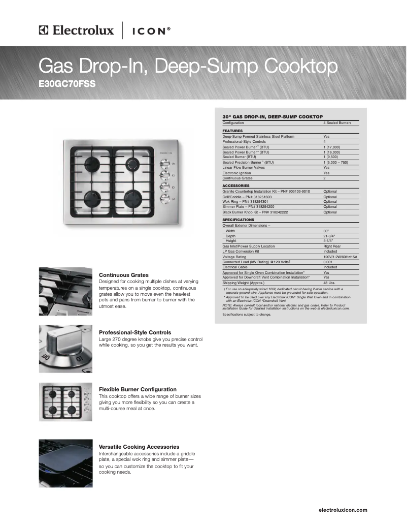 Page 1 de la notice Fiche technique Electrolux E30GC70FSS