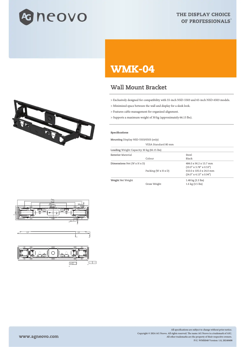 Page 1 de la notice Manuel utilisateur AG Neovo WMK-04