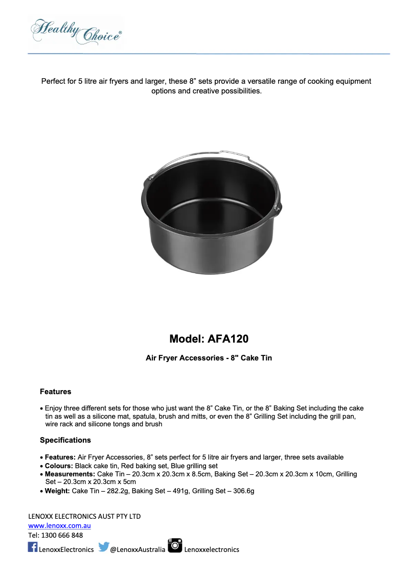 Page 1 de la notice Fiche technique Healthy Choice AFA120